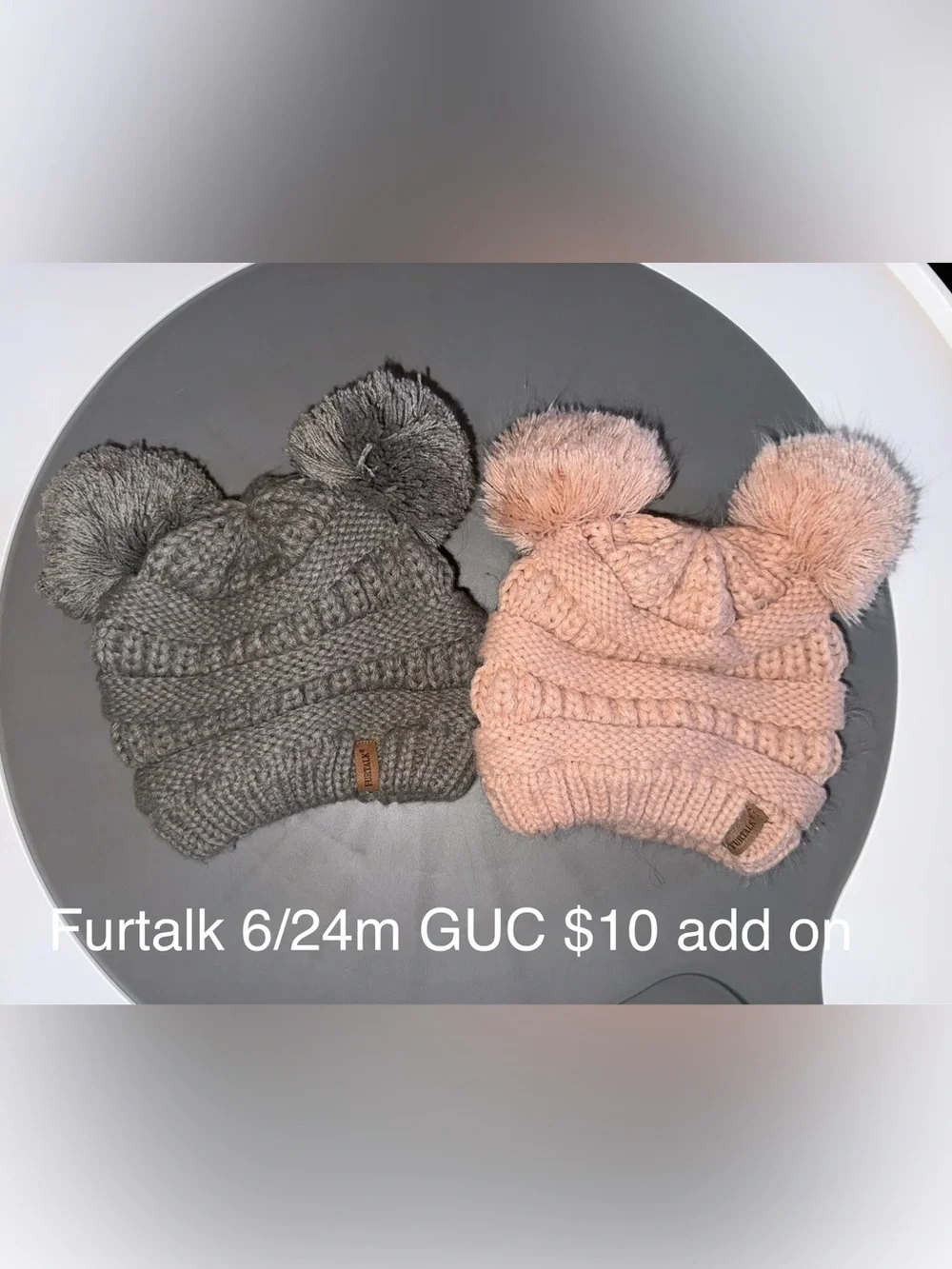 Kids Double Pom Cable Knit Beanie - Pink and Gray